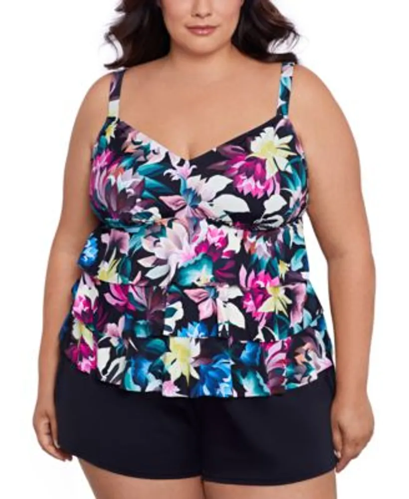 Swim Solutions Plus Size Printed Tiered Tummy-Control Swim Dress, Created  for Macy's - Macy's