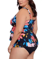 Swim Solutions Plus Tiered Floral-Print One Piece, Created for Macy's