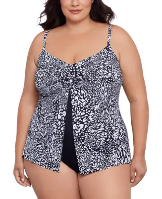 Swim Solutions Plus Size Printed Flyaway Fauxkini One Piece, Created for Macy's