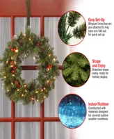 National Tree Company 20" Crestwood Spruce Wreath with Silver Bristle, Cones, Red Berries and Glitter with 35 Clear Lights