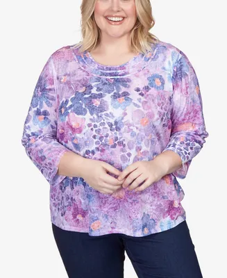 Alfred Dunner Plus Size Lavender Fields Triple Knotted Neck Watercolor Floral Top