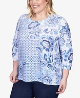 Alfred Dunner Plus Size Lavender Fields Geo Floral Printed Ruffle Top