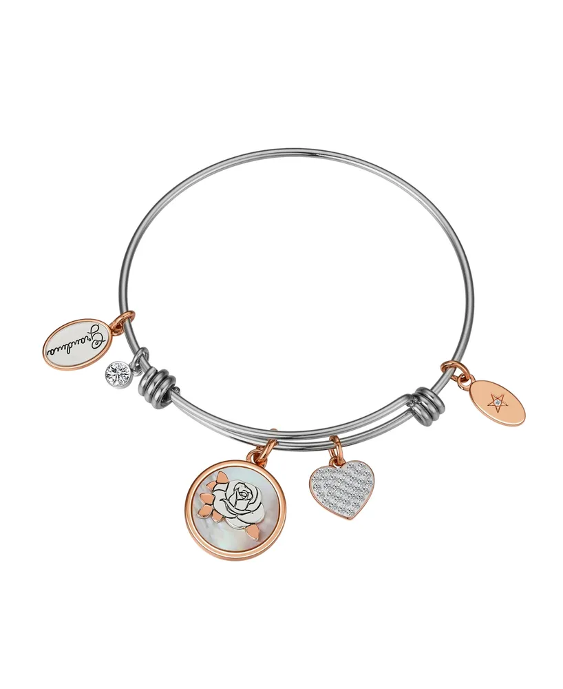 Unwritten Cubic Zirconia Heart and Bezel, Mother of Pearl Inlay Flower and Silver-Plated Grandma Bangle Bracelet