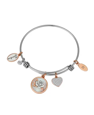 Unwritten Cubic Zirconia Heart and Bezel, Mother of Pearl Inlay Flower and Silver-Plated Grandma Bangle Bracelet