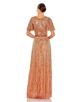 Women's Embellished V Neck Butterfly Sleeve Column Gown