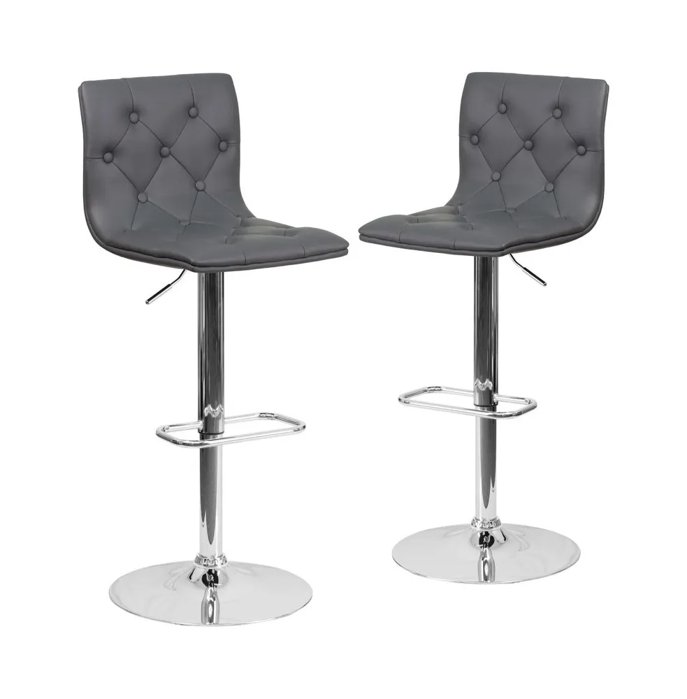 2 Pack Contemporary Button Tufted Vinyl Adjustable Height Barstool With Chrome Base