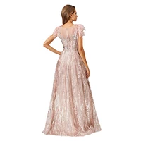 Lara Women's Lace ballgown with Feather Cap Sleeves