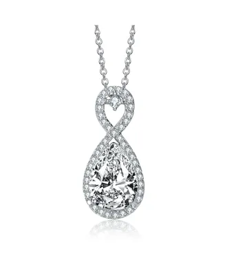 Sterling Silver White Gold Plated Clear Pear with Round Cubic Zirconia Halo Infinity Necklace