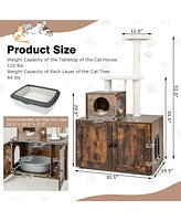 Costway 2-in-1 Wooden Litter Box Enclosure with Cat Tree Hidden Washroom Furniture