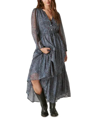 Lucky Brand Women's Printed Metallic Chiffon Maxi Dress