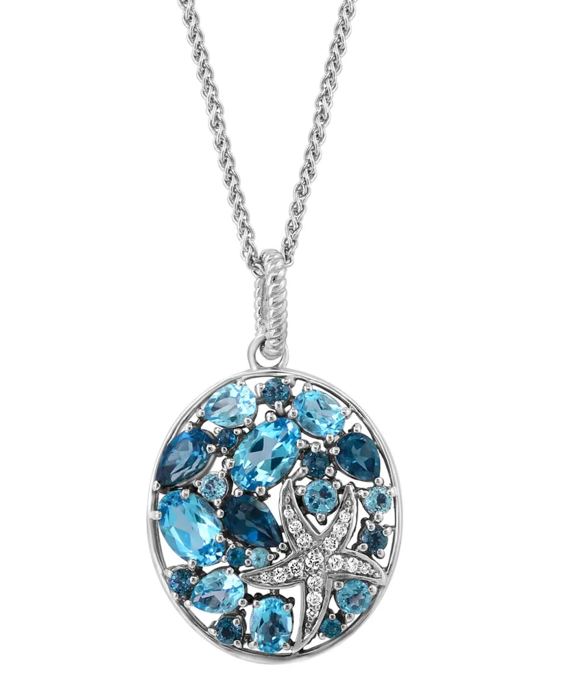 Effy Blue Topaz (3-3/8 ct. t.w.) & Diamond (1/10 ct. t.w.) Cluster 18" Pendant Necklace in Sterling Silver