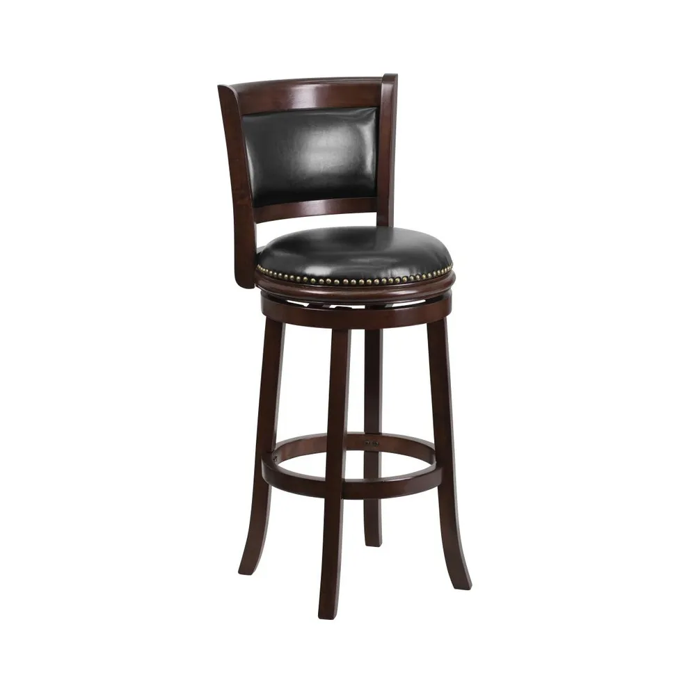 Benjamin 30" Wooden Bar Height Stool With Upholstered Panel Back & Swivel Seat With Nail Trim