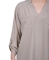 Ny Collection Petite Roll Tab Sleeve Blouse with Pockets