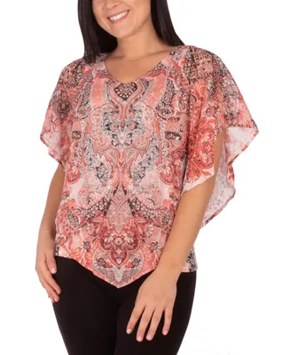 Ny Collection Petite V-neck Printed Poncho Top with Nailheads