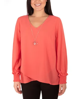 Ny Collection Petite Long Sleeve Crepe Blouse