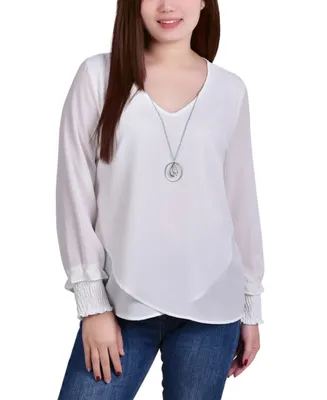 Ny Collection Petite Long Sleeve Crepe Blouse