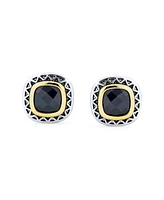 Black Onyx Cubic Zirconia Two Tone Square Cushion Omega Earrings For Women Gold Plated Rhodium Plated Brass