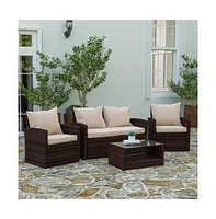 Atlas 4 Piece Patio Set Contemporary Loveseat, 2 Chair And Coffee Table With Back Pillows Seat Cushions