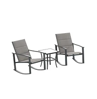 Brevyn 3 Piece Outdoor Bistro Set With Flex Comfort Rocking Chairs And Steel Framed Glass Top Table