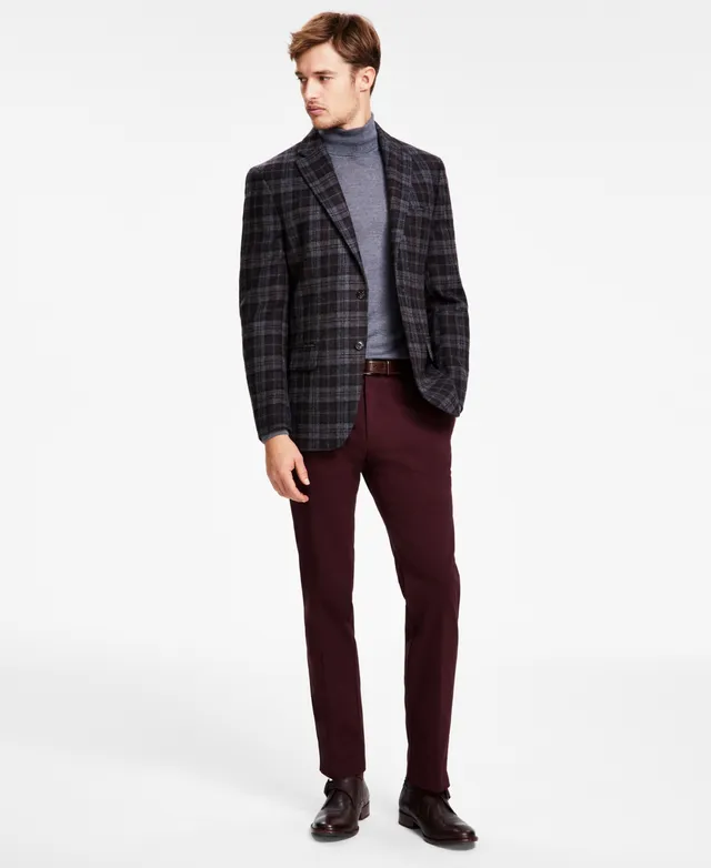 tommy hilfiger men's modern fit burgundy brown check blazer