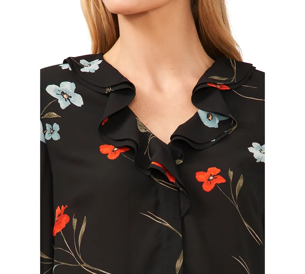 CeCe Women's Floral Ruffle V-Neck Long Sleeve Blouse