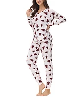 Ink+Ivy Women's Printed Microfleece V-neck Long Sleeve Top with Jogger 2 Pc Pajama Set