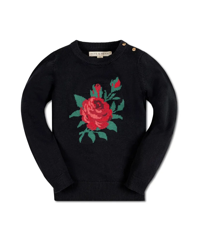 Hope & Henry Girls Long Sleeve Rose Intarsia Sweater