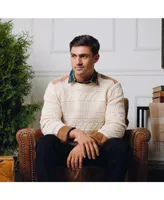 Hope & Henry Men's Organic Crew Neck Cable Sweater with Suede Detail