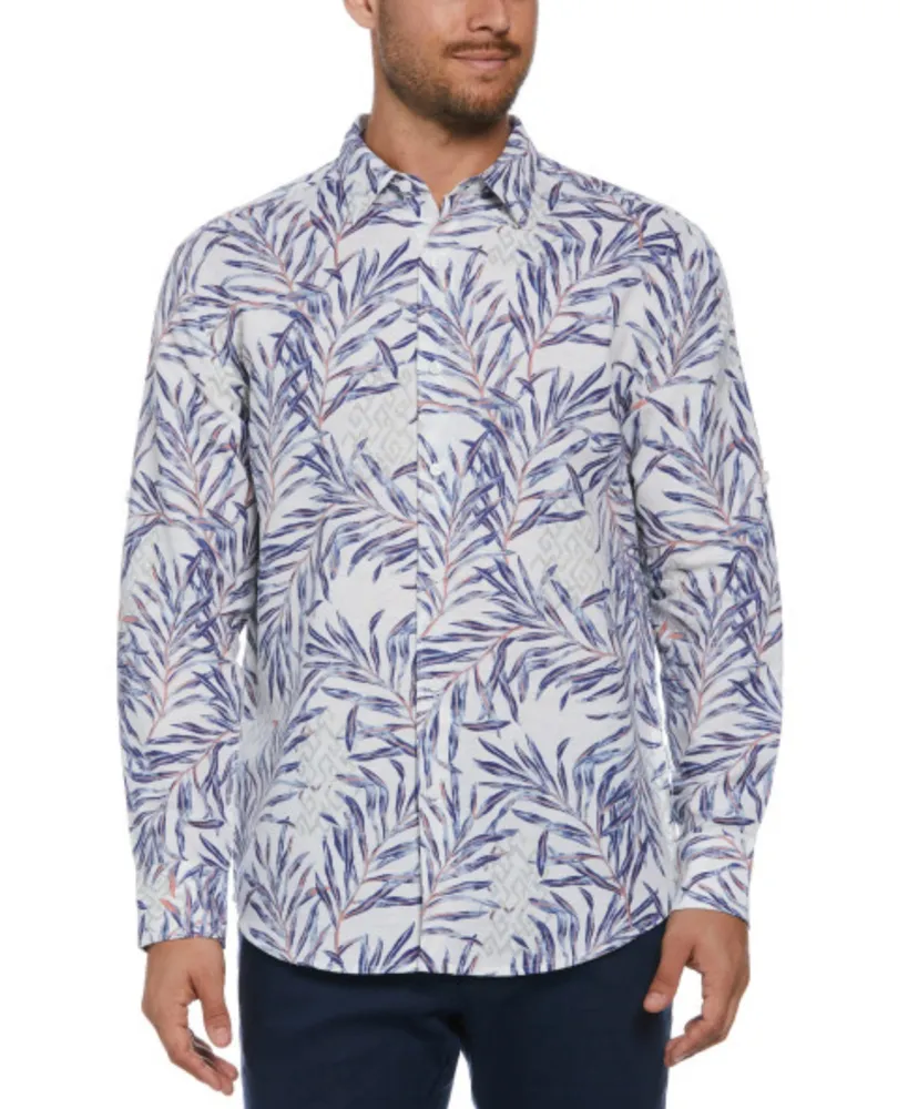 Cubavera Men's Long Sleeve Button Front Leaf Print Linen Blend Shirt