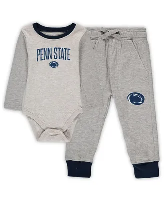 Infant Boys and Girls Wes & Willy Heathered Gray, Navy Penn State Nittany Lions Jie Jie Long Sleeve Bodysuit and Pants Set