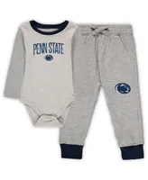 Infant Boys and Girls Wes & Willy Heathered Gray, Navy Penn State Nittany Lions Jie Jie Long Sleeve Bodysuit and Pants Set