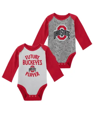 Newborn and Infant Boys Girls White, Gray Ohio State Buckeyes 2-Pack Play Time Long Sleeve Bodysuit Set