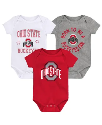 Newborn and Infant Boys and Girls Scarlet, White, Heather Gray Ohio State Buckeyes Born To Be Three-Pack Bodysuit Set