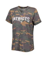 Women's Majestic Threads Mac Jones Camo Distressed New England Patriots Name and Number V-Neck T-shirt