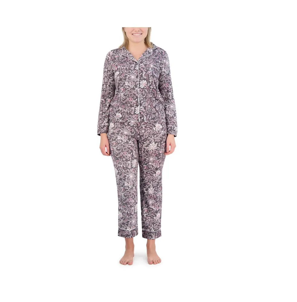 Tahari Women's Long Sleeve Notch Collar Top and Pants 2 Piece Pajama Set