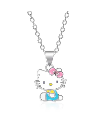 Hello Kitty Sanrio Silver Plated Enamel Seated Necklace - 18'' Chain, Officially Licensed Authentic