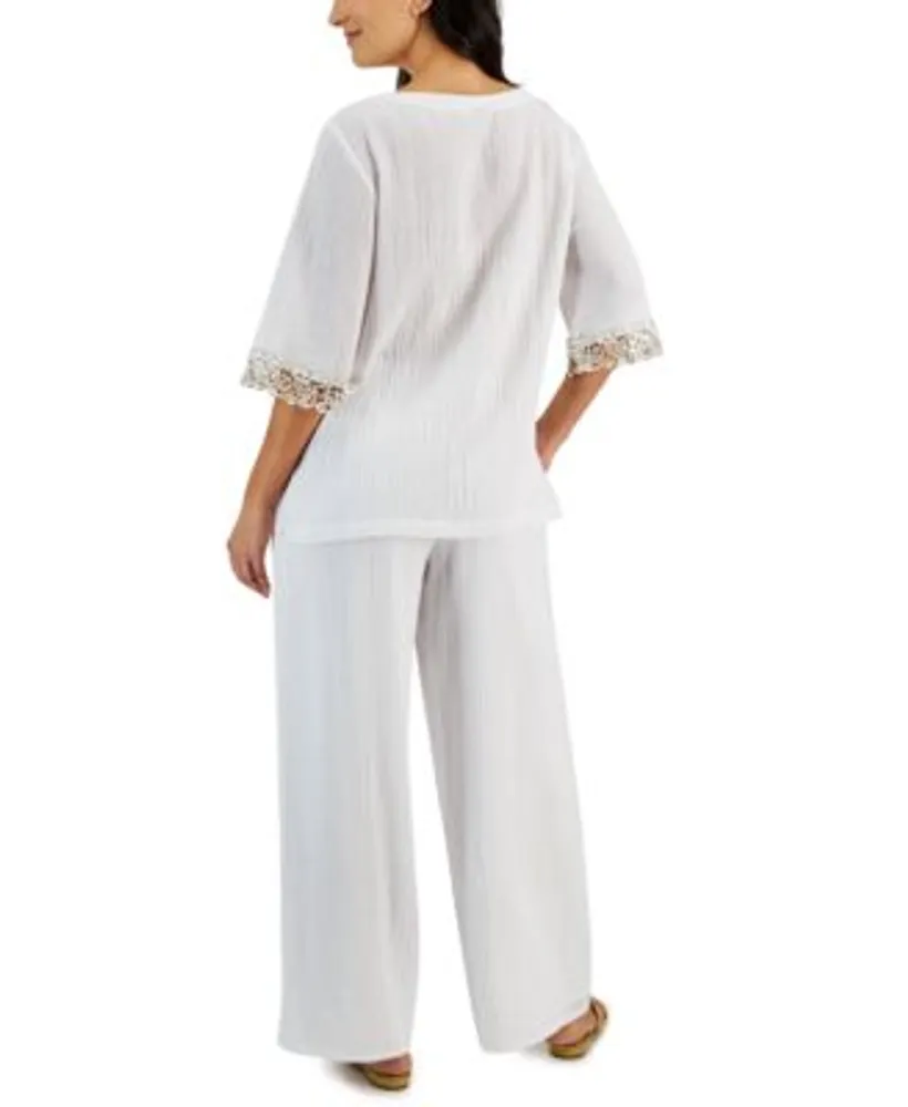 Jm Collection Womens Cotton Gauze Top Wide Leg Pants Created For Macys