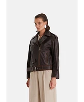 Furniq Uk Women's Genuine Leather Belted Biker Jacket,Nappa Brown