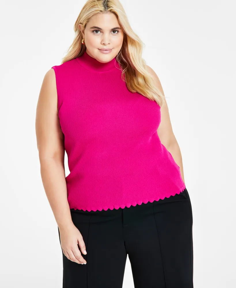 Bar Iii Plus Size Mock-Neck Ribbed Scalloped-Hem Top, Created for Macy's