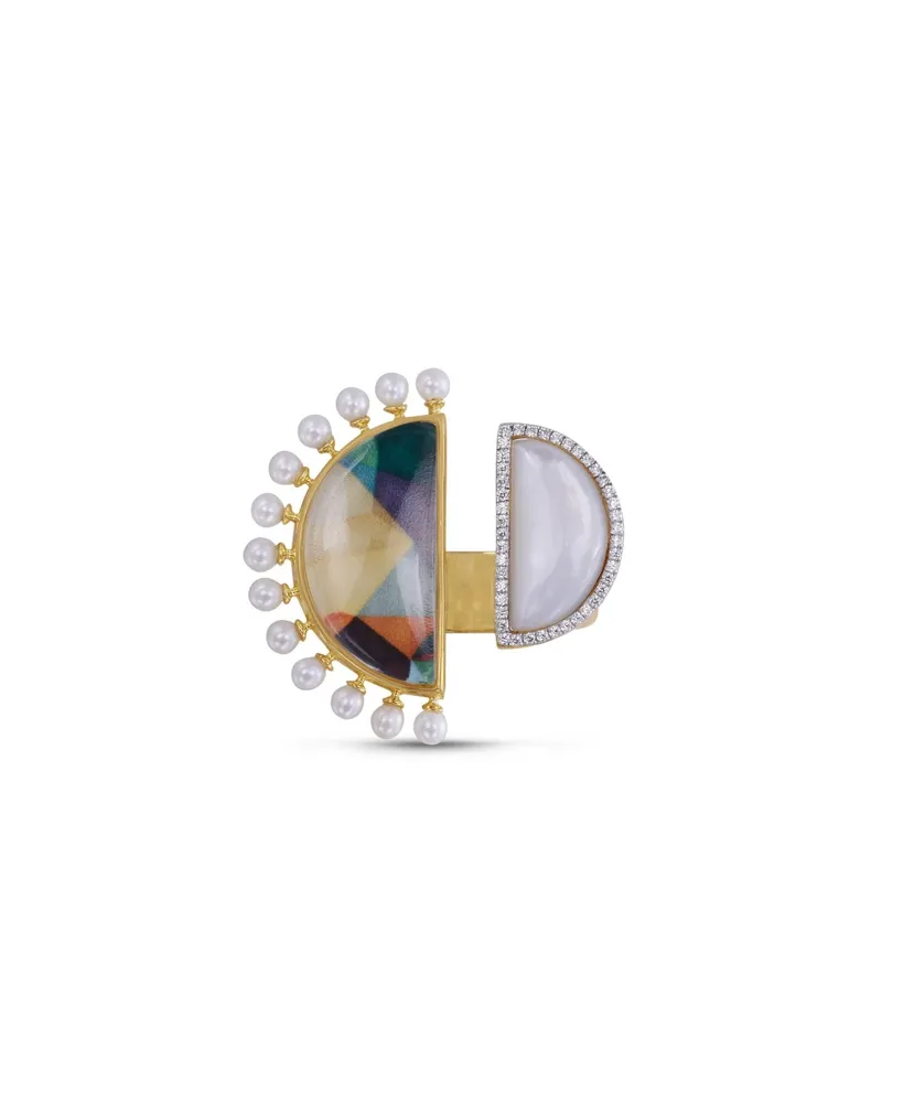 LuvMyJewelry My Colorful legacy Moonstone Gemstone Diamond Pearl Y Gold Plated Silver Ring