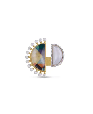 LuvMyJewelry My Colorful legacy Moonstone Gemstone Diamond Pearl Y Gold Plated Silver Ring
