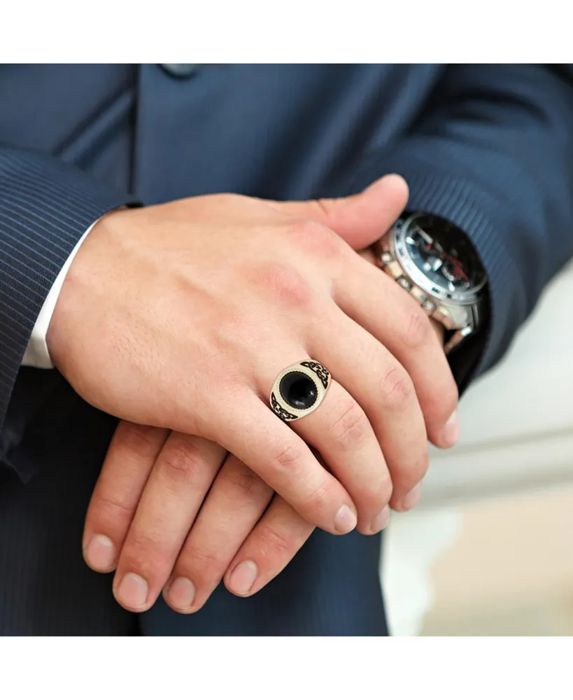 LuvMyJewelry Black Onyx Gemstone Yellow Gold Plated and Enamel Sterling Silver Men Signet Ring