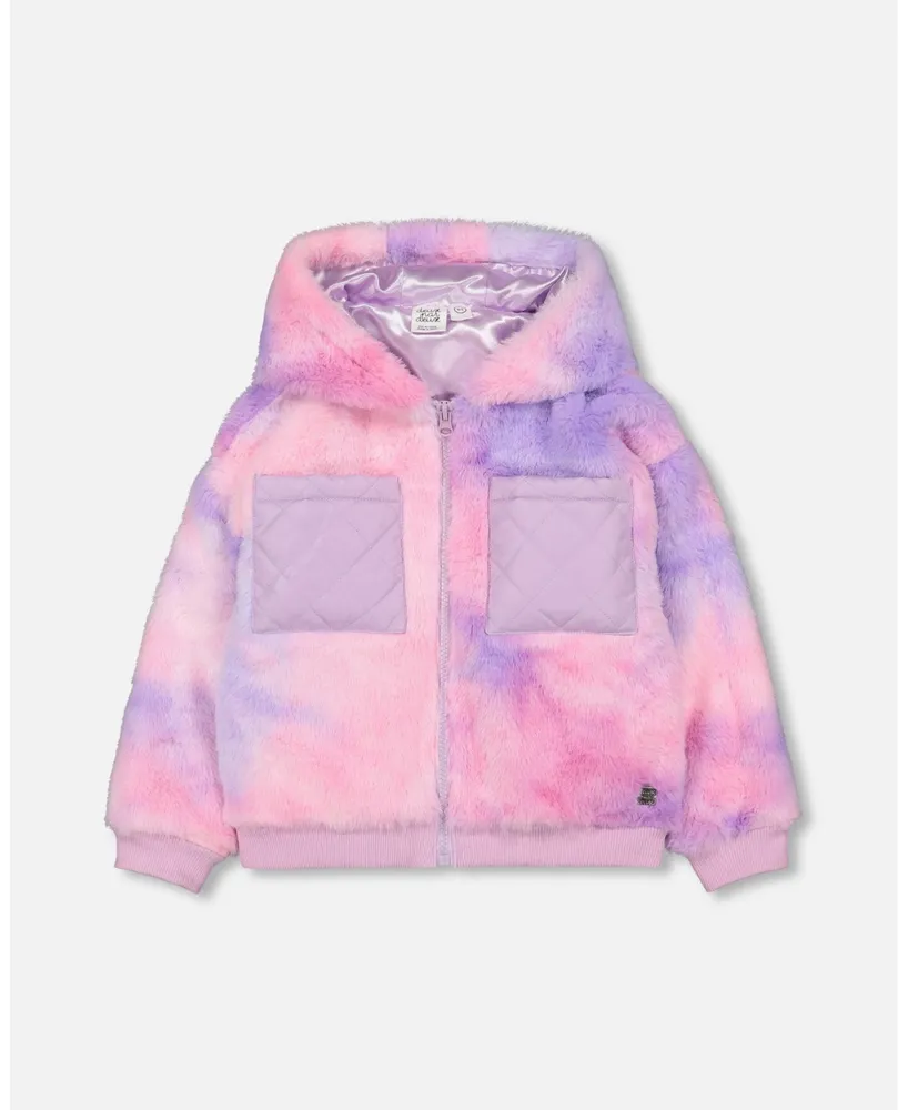 Girl Faux Fur Hooded Jacket Tie Dye Purple - Child