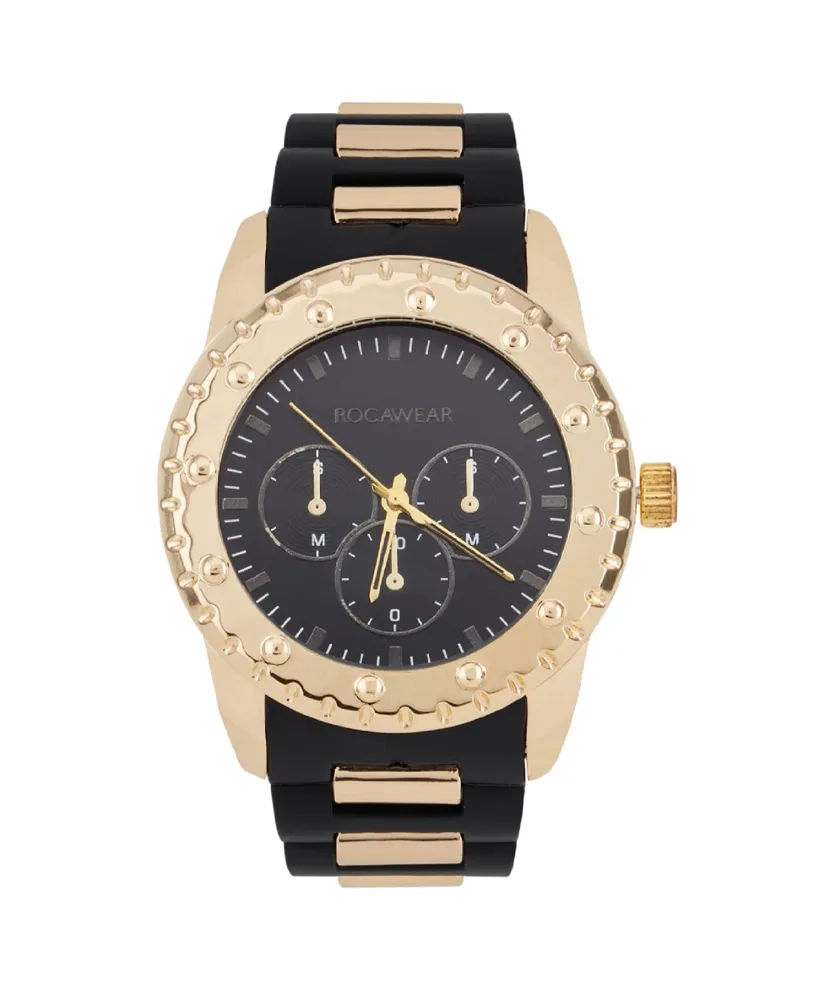 Rocawear Men's Analog Matte Black and Shiny Gold-Tone Link Rubber Strap Watch 51mm