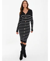 Quiz Women's Gold Button Detail Striped Knit Midi Dress