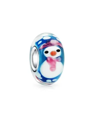 Christmas Holiday Snowman Winter Murano Glass .925 Sterling Silver Spacer Bead Fits European Charm Bracelet For Women For Teen