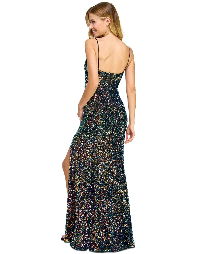 B Darlin Juniors' Strappy Sequinned Slit-Front Maxi Dress