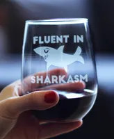 Bevvee Fluent in Sharkasm Sarcastic Shark Gifts Stem Less Wine Glass, 17 oz