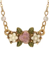 2028 Imitation Pearl Pink Enamel Flower Collar Necklace