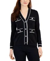 Anne Klein Petite Tipped Long-Sleeve Faux-Pocket Cardigan